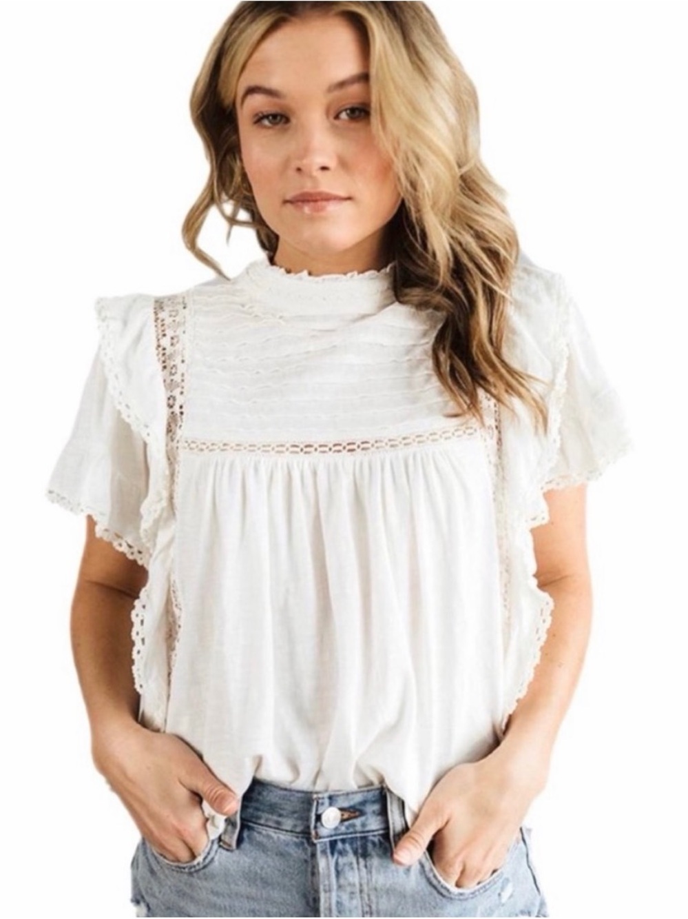 Free People Le Femme White Lace-Trim Top